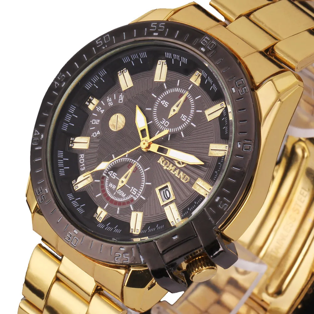 

Luxury relogio masculino watch men Black Dial Gold Stainless Steel Date Quartz Analog Wrist Watch clock men horloges mannen #A