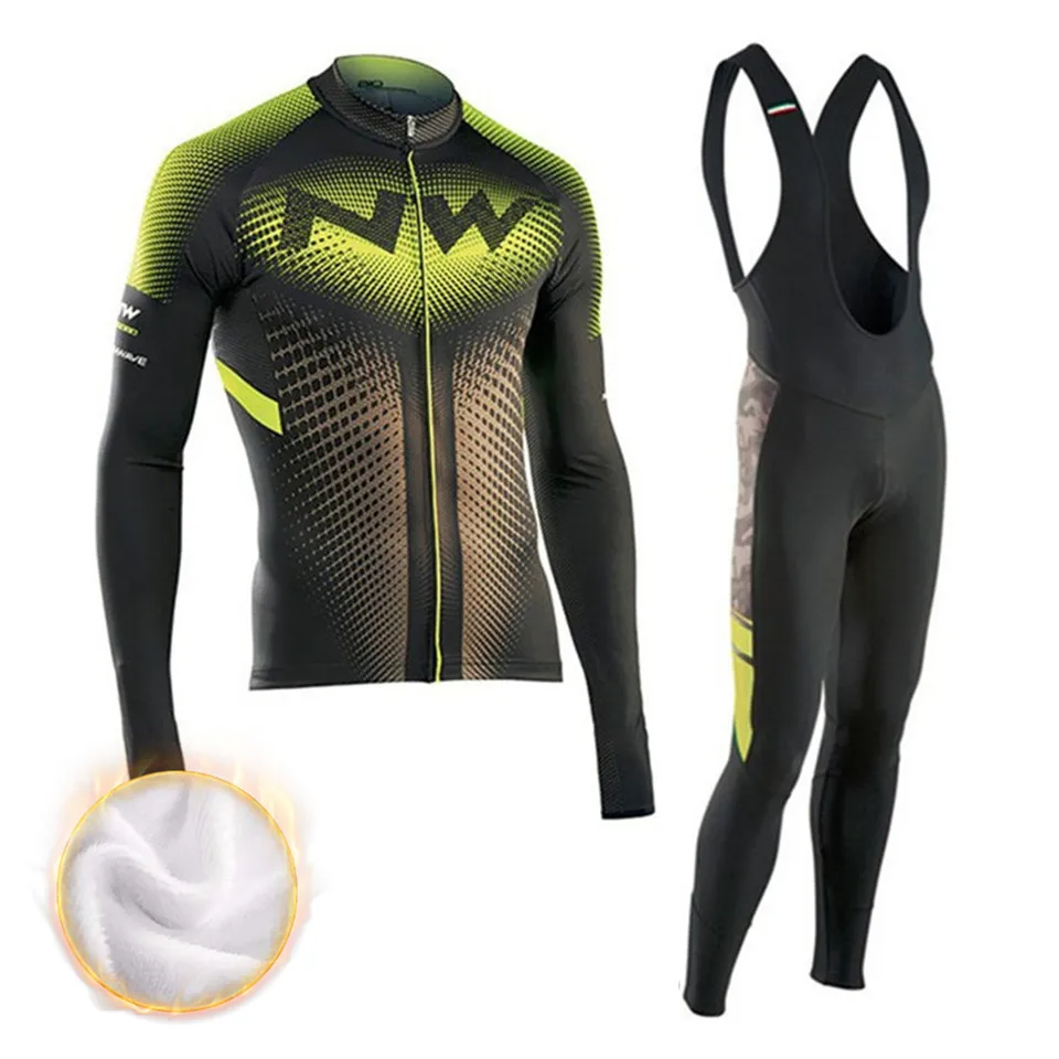 2018 NW Winter Thermal Fleece Cycling Jersey Long Sleeve Jerseys Cycling Bib Pants Set Bike Bicycle Cycling Clothes 3 Color