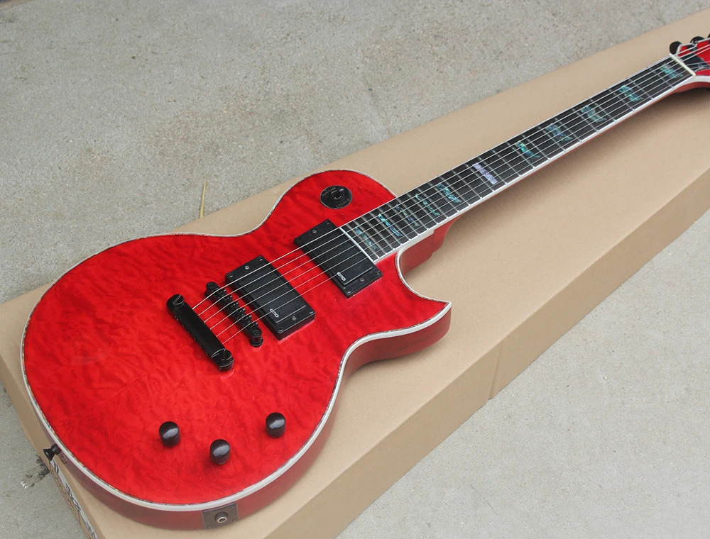 

Factory Red Electric Guitar with Clouds Maple Veneer,Black Hardware,White Binding,Abalone Fret Inlay,Can be Customized