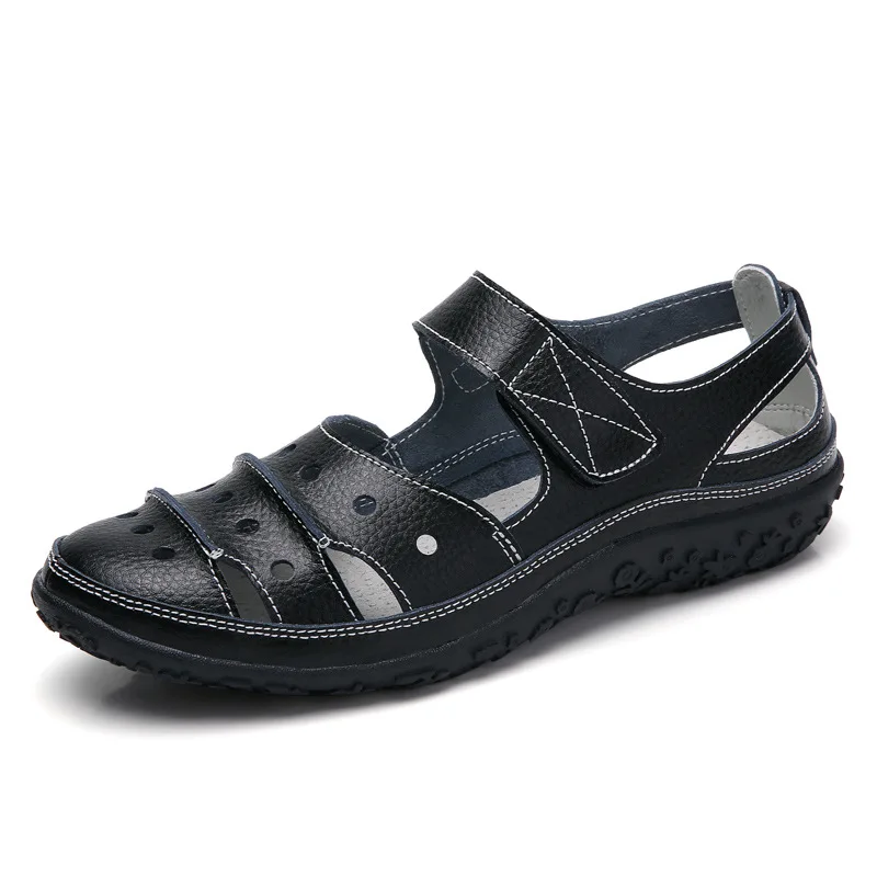 Для женщин Римские сандалии-гладиаторы из натуральной кожи на плоской, полой подошве сандалии дамы Повседневное с мягкой подошвой Летние женские туфли пляжные сандалии - Цвет: 689 black
