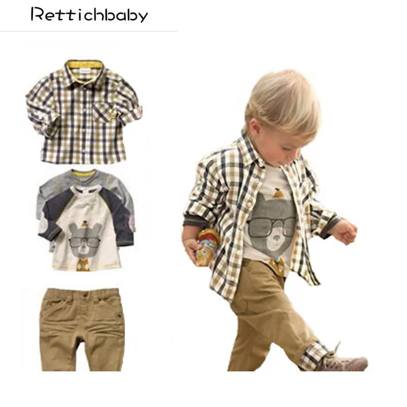 Spring Autumn Baby Boys Costume Children Clothes Kids Boys Plaid Coat+T