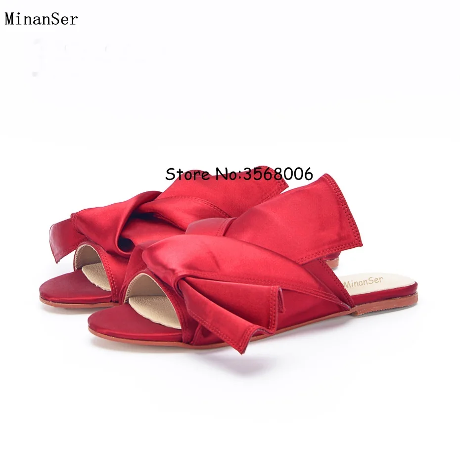

Rome Style Slip-on Satin Flat Sandals Women Big Bowtie Peep Toe Slippers Summer Silk Slides Fashion Flat Shoes Woman