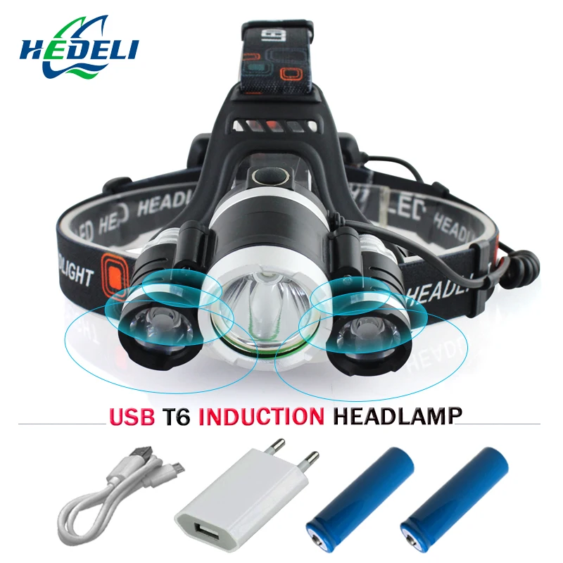 

rechargeable headlamp 18650 headlight wirh ir sensor head lamp usb head torch led headlights XML- T6 waterproof fishing lanterns