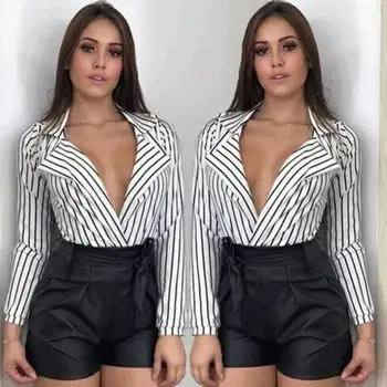 

Women Long Sleeve Stripe Shirt Top Deep V Neck Tops Shirt Top Clothing arrival Women Lady
