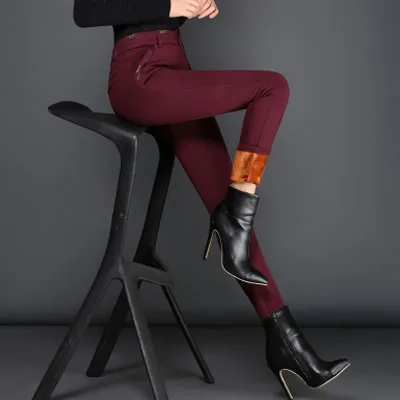 Осень-зима женские толстые брюки с высокой талией женские узкие брюки плюс размер S-6XL карманы Велет внутри улицы теплые бриджи - Цвет: Wine