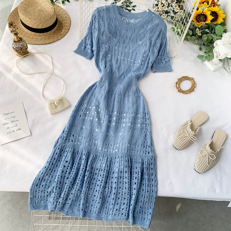 

2019 new fashion women's Knit Dress Summer France Cutout Temperament Waist Thin Short Sleeve Two-Piece
