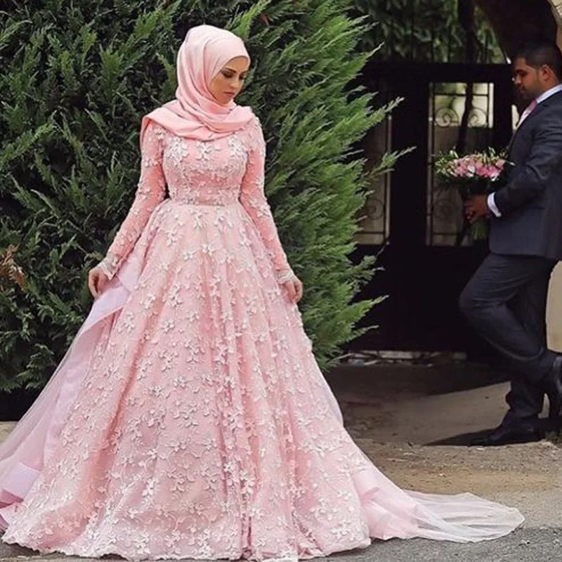 2016 Muslim font b hijab b font Wedding Dresses Elegant A Line Pink Lace Sleeve Long