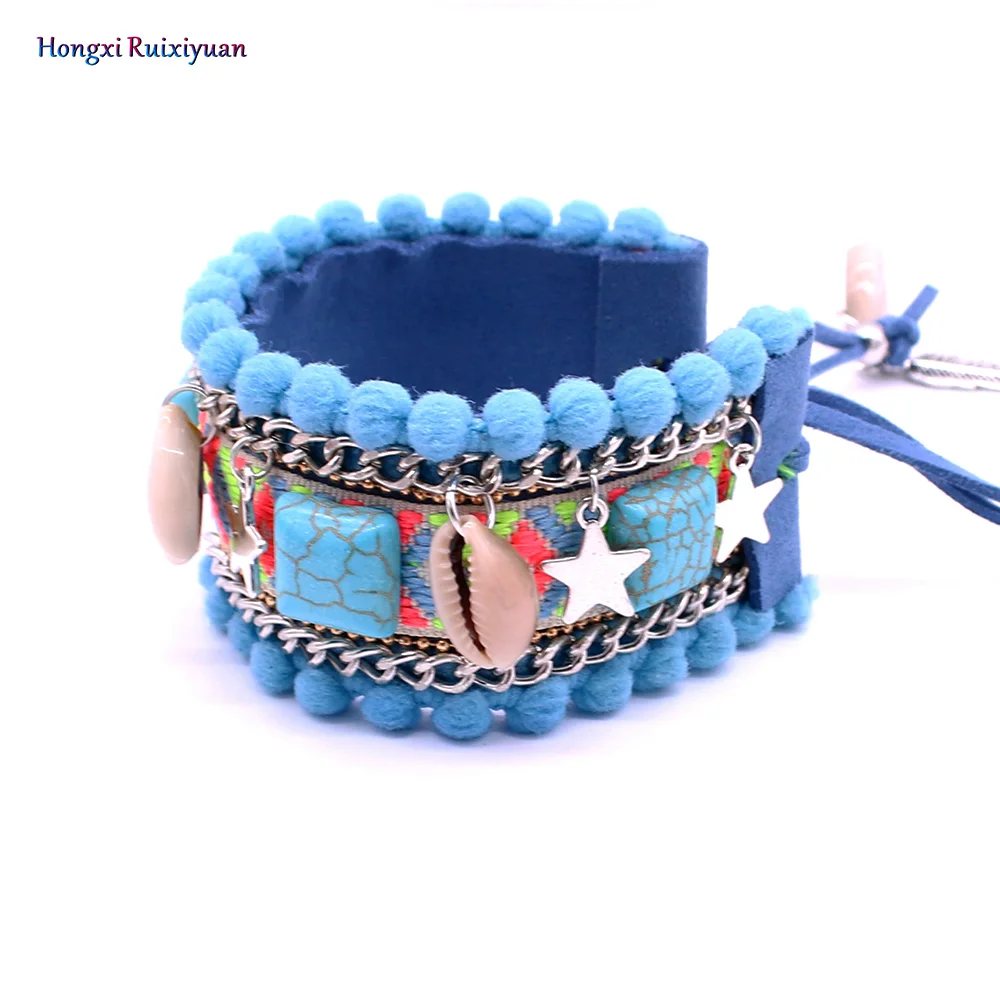 

Onlyee Bracelet Fashion Activity Bracelet Bohemian High-Film Leather Bracelet Shell 5 Star Pendant Pink Lace Bracelet Women Gift