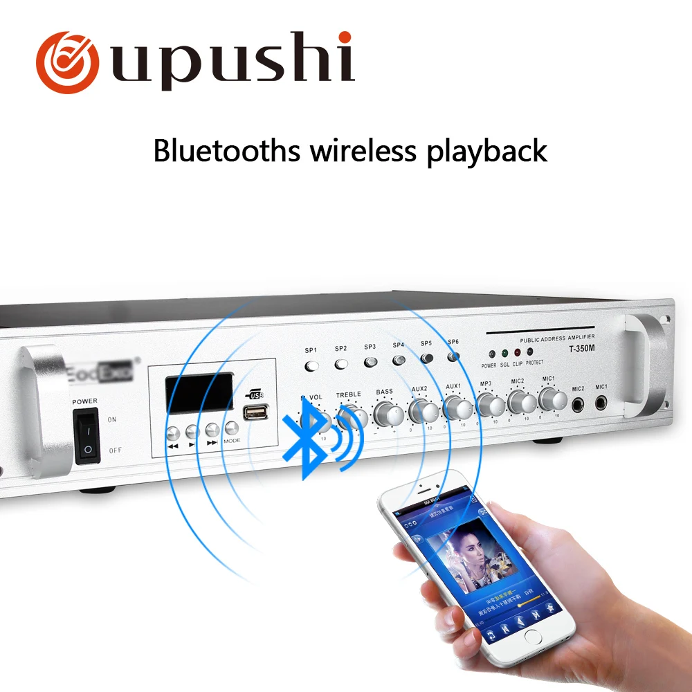 Oupushi pa system bluetooth amplifier 2 channel home stereo amp 6 zone power amplifiers with usb, fm
