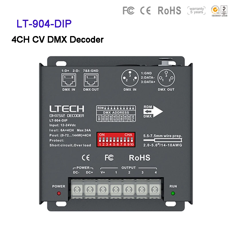 LTECH LT 904 DIP 4 канала светодиодный декодер DMX DC12V 24V 6A * 4CH Макс. 24A 576 Вт выходной XLR 3/RJ45