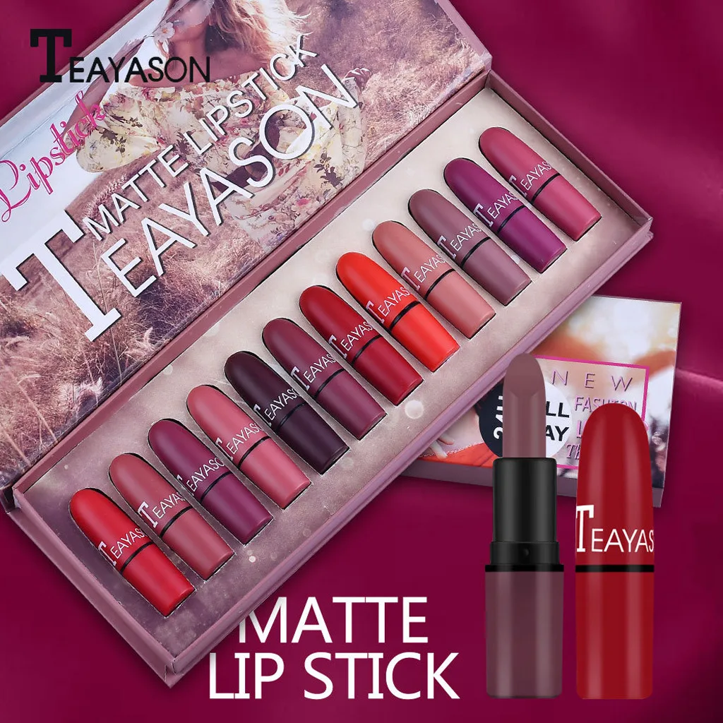 

Teayason lipstick Cosmetics Matte And Bean Paste Color Solid Lip Gloss Lipstick 12Pcs/Set makeup labiales mate larga duracion