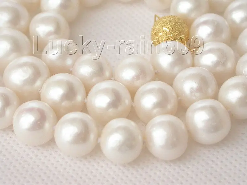 

Genuine 17" 12mm round white pearls necklace gold plated clasp e1952