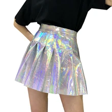 Серебро Фиолетовый голографические Мини женские плиссированные юбки лето Высокая талия дамы из искусственной кожи юбки Ziper одноцветное Юбки формы А Для женщин s