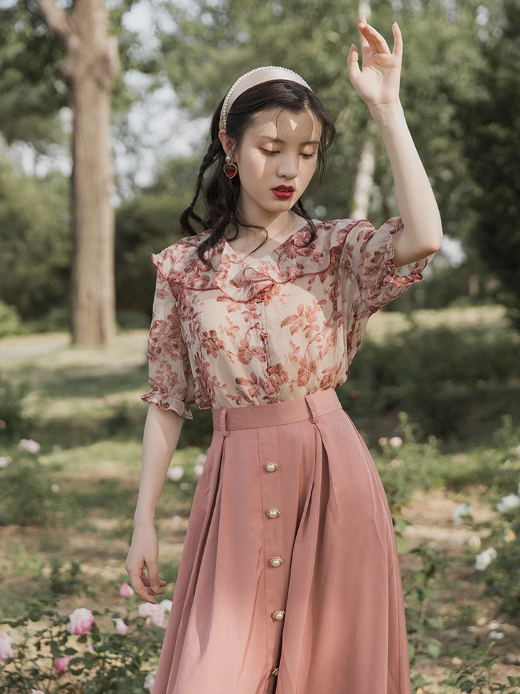 

2019 new fashion women's two piece set Summer vintage chiffon shirt + skirt suit three-piece French