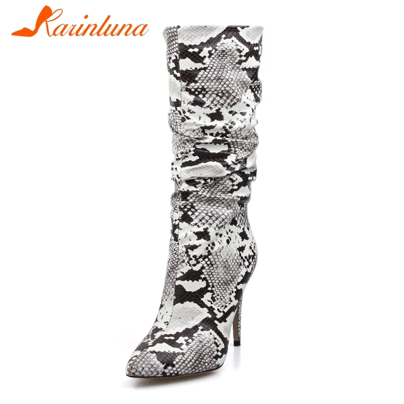 

KARINLUNA Slouch Thigh High Boot Snake Skin Mid Calf Boots Zip Party Sexy High Thin Heel Pleated Pointed Toe Botte Femme Talon