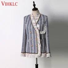 Высокое качество твидовая куртка для женщин синий и белый полосатый двубортный твидовые куртки C579