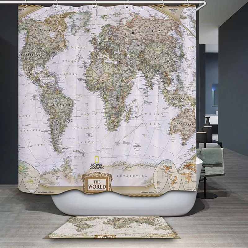 Polyester Waterproof Vintage World Map Elephant Shower