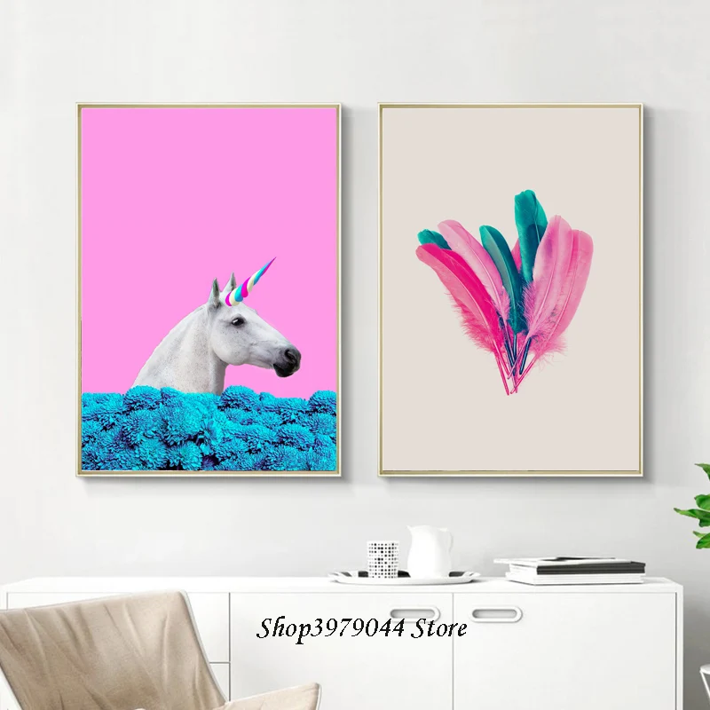 

Colourful Feather Canvas Print Unicorn Posters and Prints Wall Art Painting Nordic Decoration Photos Modern Home Decor Unframed