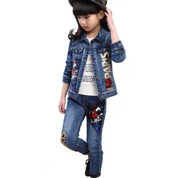 

Spring Summer Kids Denim Clothing Sets I LOVE PARIS Sequins Jacket Coat+ Long Pants Outfits Suits for Teenagers Girls Childrens