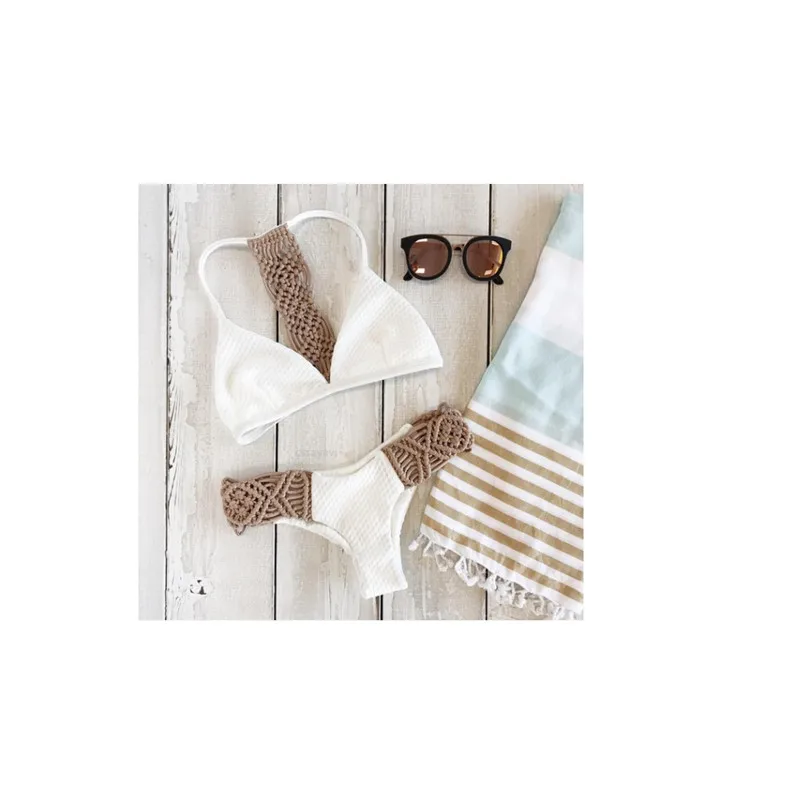 2017 бикини Белый Трикотажный сексуальный комплект женское ажурное с низкой