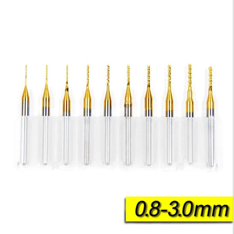 

10Pcs 0.8-3 mm Titanium Coat Carbide End Mill Engraving Bits CNC Rotary Burrs Set Tool PCB Mould Plastic Fiber Carbon Fiber wood