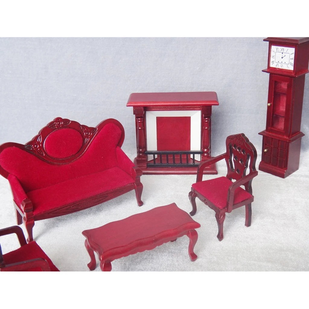 MagiDeal 5pieces 1:12 Dollhouse Wood Table Chair Floor Clock & Fireplace Set