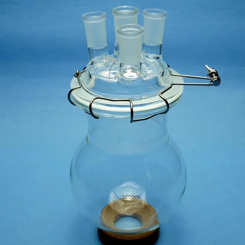 2000ml,24/40,Glass Reaction Flask,2L,Four Necks Chemistry Reactor,W/Lid & Clamp XWJreaction