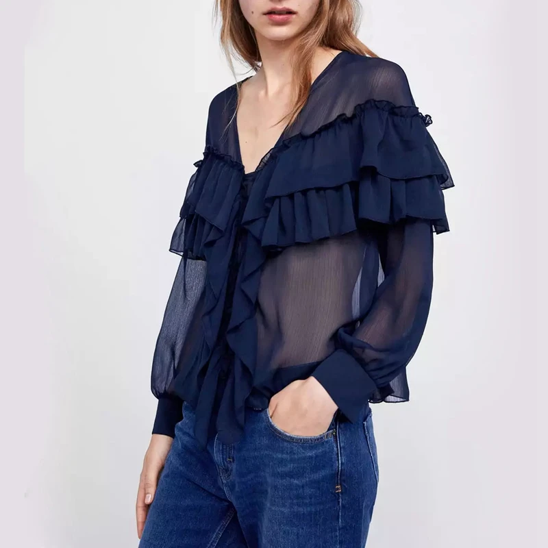 Levlmoly Female Black Chiffon Ruffle Shirts Womens Tops and Blouses