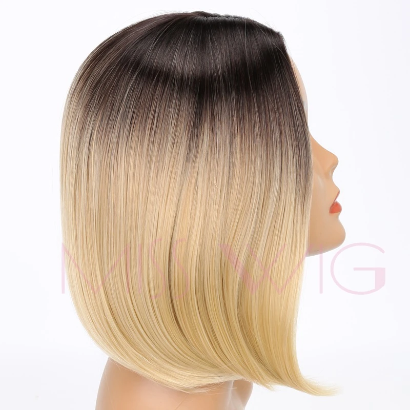 MISS WIG Black Ombre Blonde 14Inches Short Straight Bob Wigs Synthetic Hair Wig For Black Women None Lace High Temperature Fiber+-