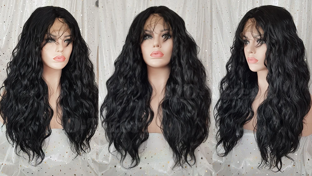 QD-Tizer Black Color Loose Wavy Synthetic Lace Front Wigs Gluelsss with Baby Hair Natural Hairline Synthetic Lace Front Wig5