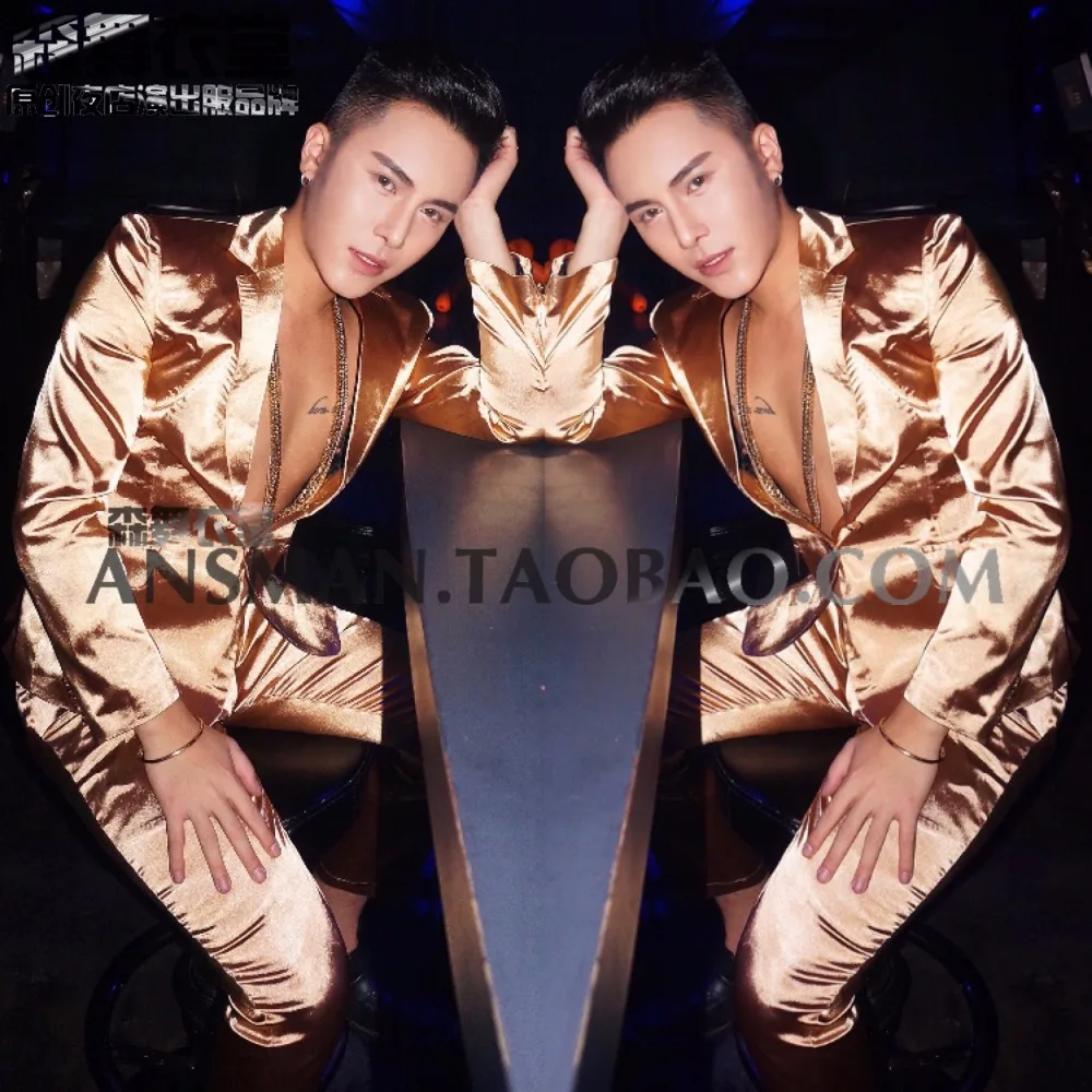 

2019 New Men clothing slim personality gold Blazer suits plus size jackets singer costumes the host formal dress