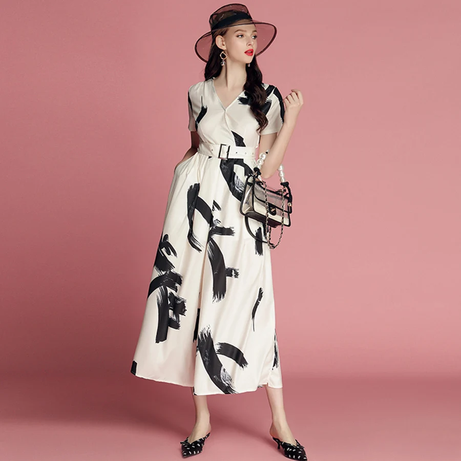 

VERDEJULIAY Runway Women Jumpsuit 2019 Summer Fashion New Designer Printed V-Neck Loose Pants Office Long Jumpsuit