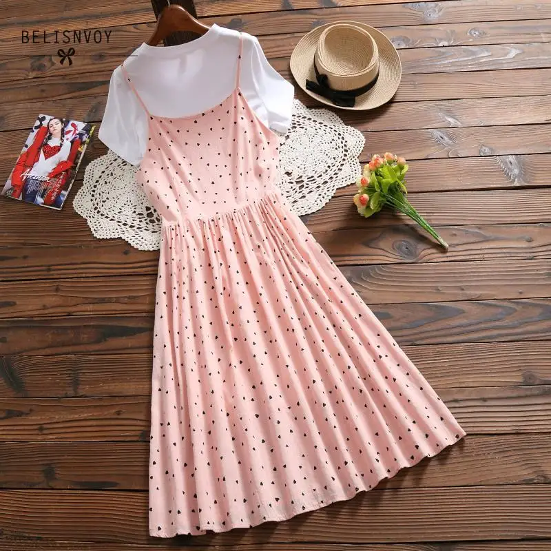 Mori Girl, летний женский комплект из двух предметов, платье, элегантное милое розовое платье с принтом в виде сердца, милое платье из хлопка и льна, японский стиль, платье Kawaii