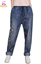 

XXL 3XL 4XL casual cotton new summer 2018 jeans long pant big size blue denim trousers loose flower embroidery elastic waist