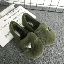 Блеск Алмазный медведь голову мехом; зимние плюшевые хлопковые мокасины-на плоский каблук лоферы из кроличьей шерсти на платформе женская обувь