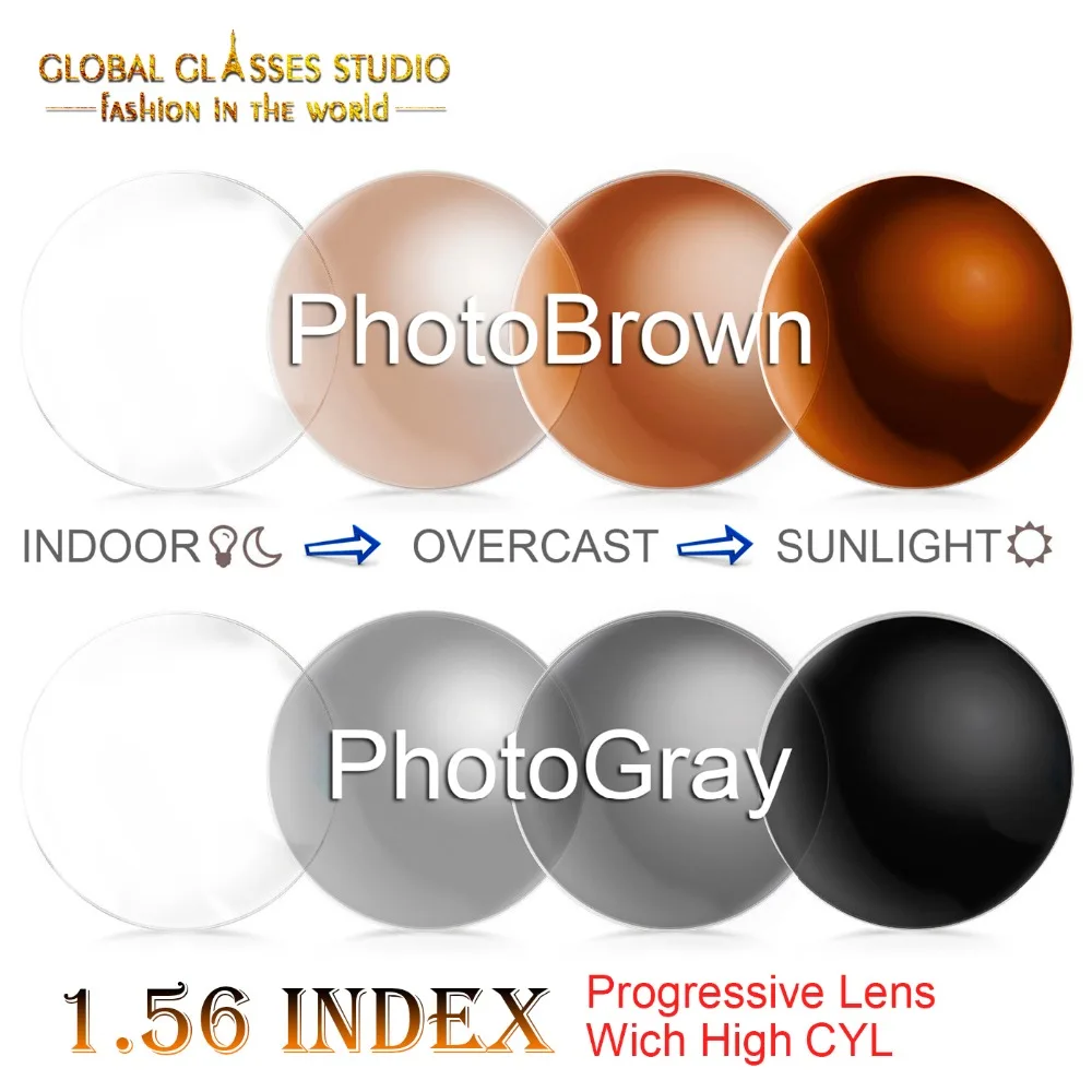 

1.56 Index Myopia Photochromic Inner Progressive Fast Color Changing Lens Scratch-Proof Anti-Reflective high CYL customize
