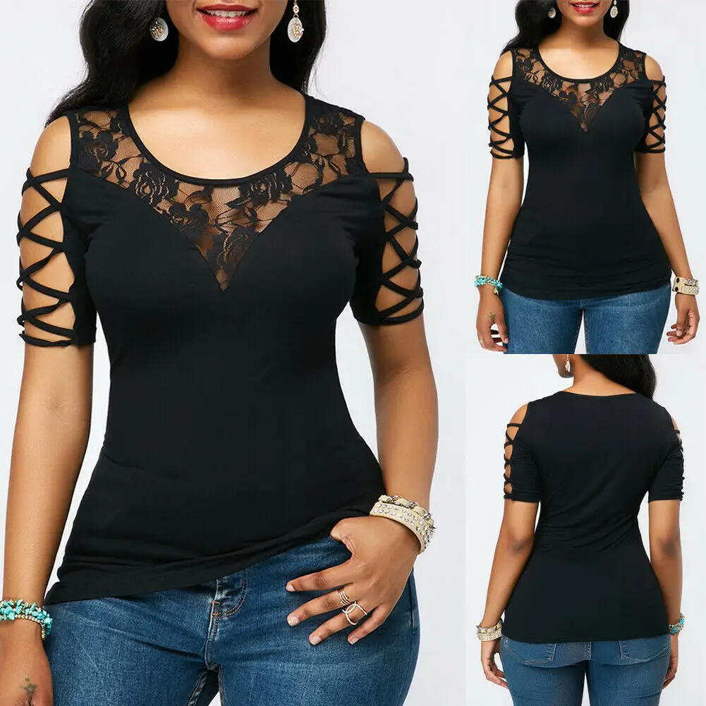 

Plus Size Women Ladies Lace Short Sleeve Shirt T Shirts Hollow Out Tops See Through Collarbone Casual Simple Daily New Design