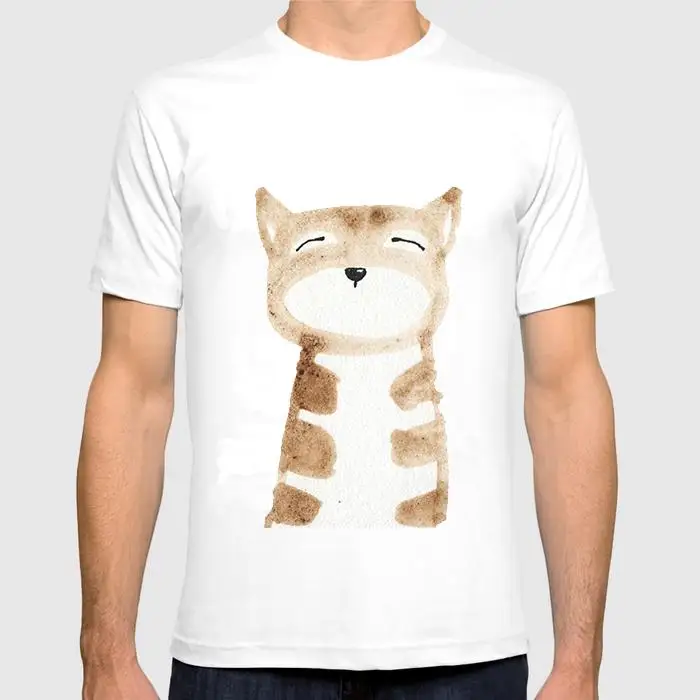 Cute Cat Printed Men's Lovely Tops White O-Neck Casual T-shirt Short Sleeve | Мужская одежда