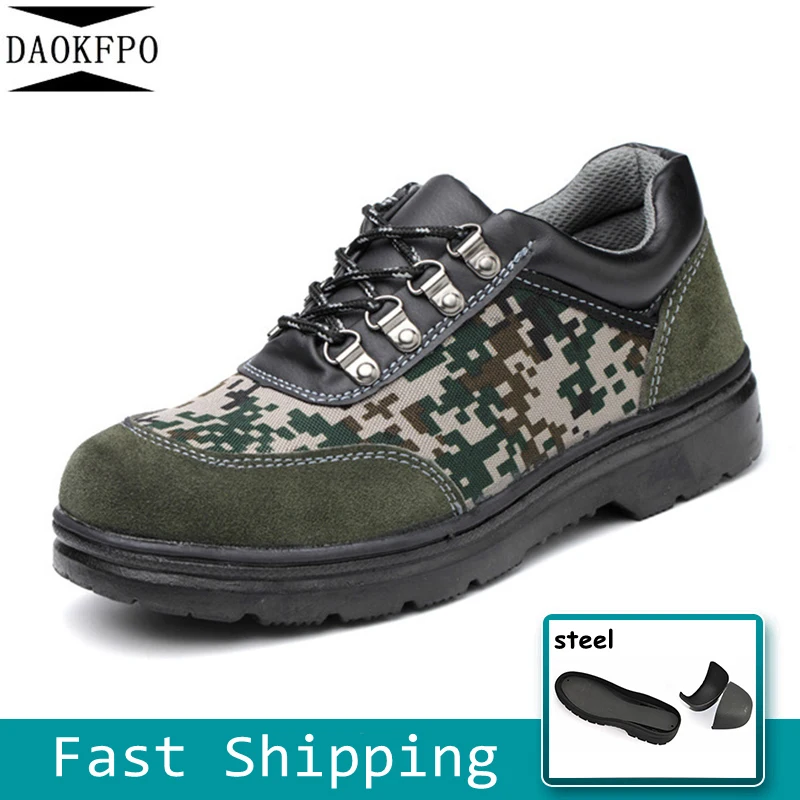 

DAOKFPO New Men's Steel Toe Camouflage Work Safety Shoes Cow Suede Material Upper and Puncture-proof Soles Big Size 38-46
