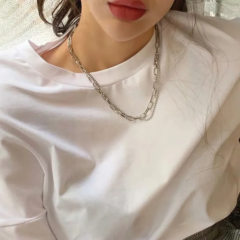 

2019 Fashion Silver Statement Necklace Metal Double layer Vintage Short Chain Punk Trendy Rhinestone Choker Necklace For Women