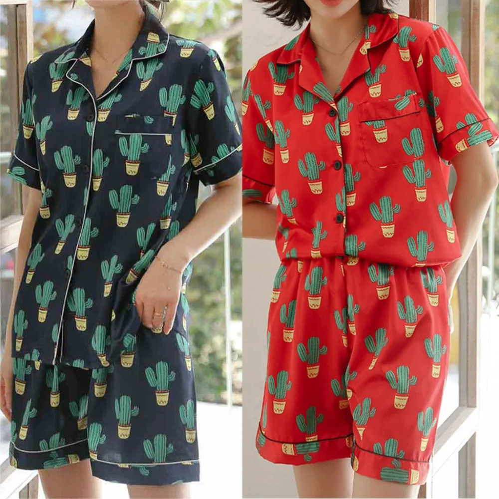 Женская пижама, имитация шелка, рисунок кактуса, пижама, одежда для сна, набор, летняя женская ночная рубашка, dames pyama, наборы BB4