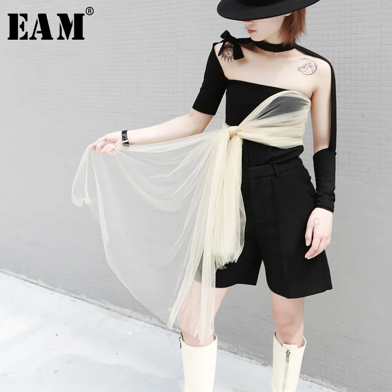 

[EAM] 2019 New Autumn Winter Halter Mesh Bandage Long Sleeve Hollow Out Hit Color Sexy T-shirt Women Fashion Tide JU690
