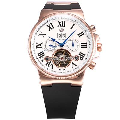 FORSINING Men Sports Watches Rubber Band Auto Date Day Tourbillon Skeleton Male Clock Automatic Mechanical Zegarek Sportowy - Цвет: Rose White