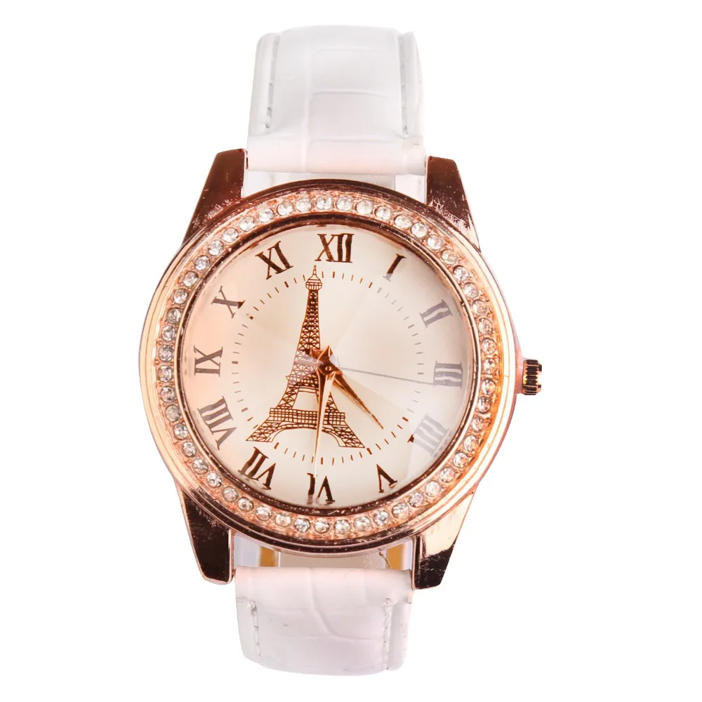 

Fashion Women Wristwatch Quartz Watch Eiffel Tower Rhinestone Luxury Reloj Gifts White Retro Roman Numeral Analog Leather Watch