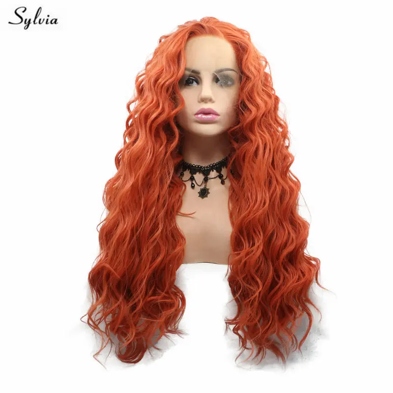 Sylvia оранжевый красный цвет волос парики трендовые натуральные длинные волны воды волосы вечерние парики Жаростойкие волосы Синтетические Кружева передние парики