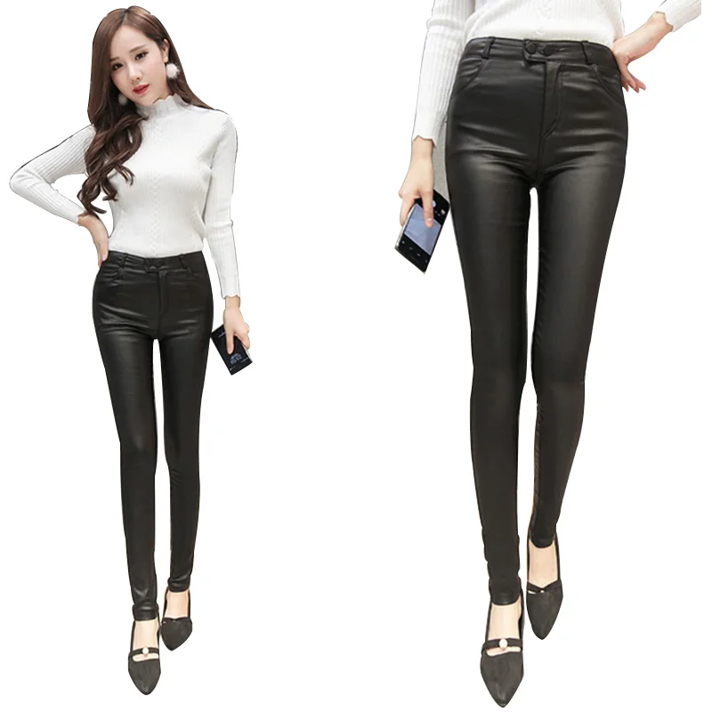 Women Autumn Winter Leather Pants Fashion Black Elastic Push Up Ankle-Length Leggings High Waist PU Skinny Pencil Trousers | Женская