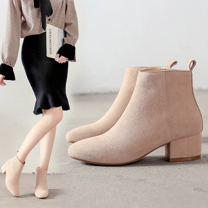 2018 Otoño Nueva Paste Paste naked bean Velvet Femmes Botas Bottes Del Mycolen Single Velvet Tobillo Cuir nude Invierno Mujeres En Single Toe black Black bean Elegante Longitud Peep Moda dExwCq