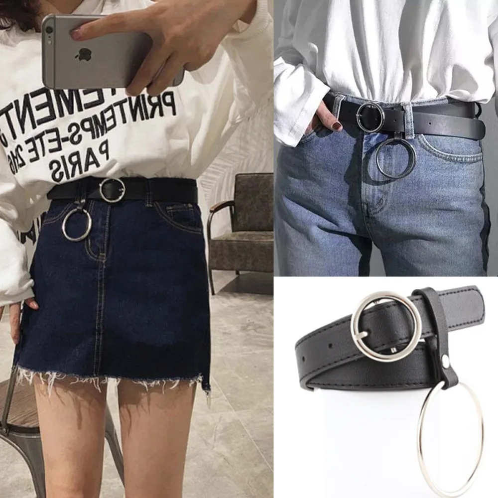 

Female Women Belt Ladies Faux Leather Metal Buckle Straps Girls Summer Dress Accessories Punk Harajuku Ring Hoop Belt
