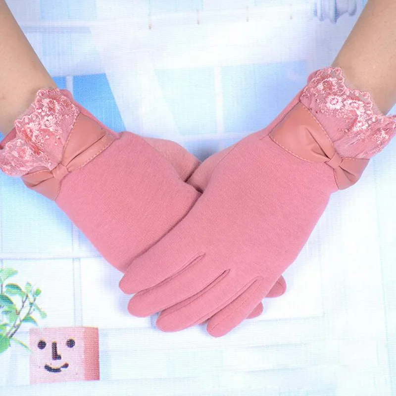 

Fashion Women Bow Lace Sports Fitness Cycling Gloves Female Winter Warp Knitted Velvet Warm Cashmere Touch Screen Gloves L16