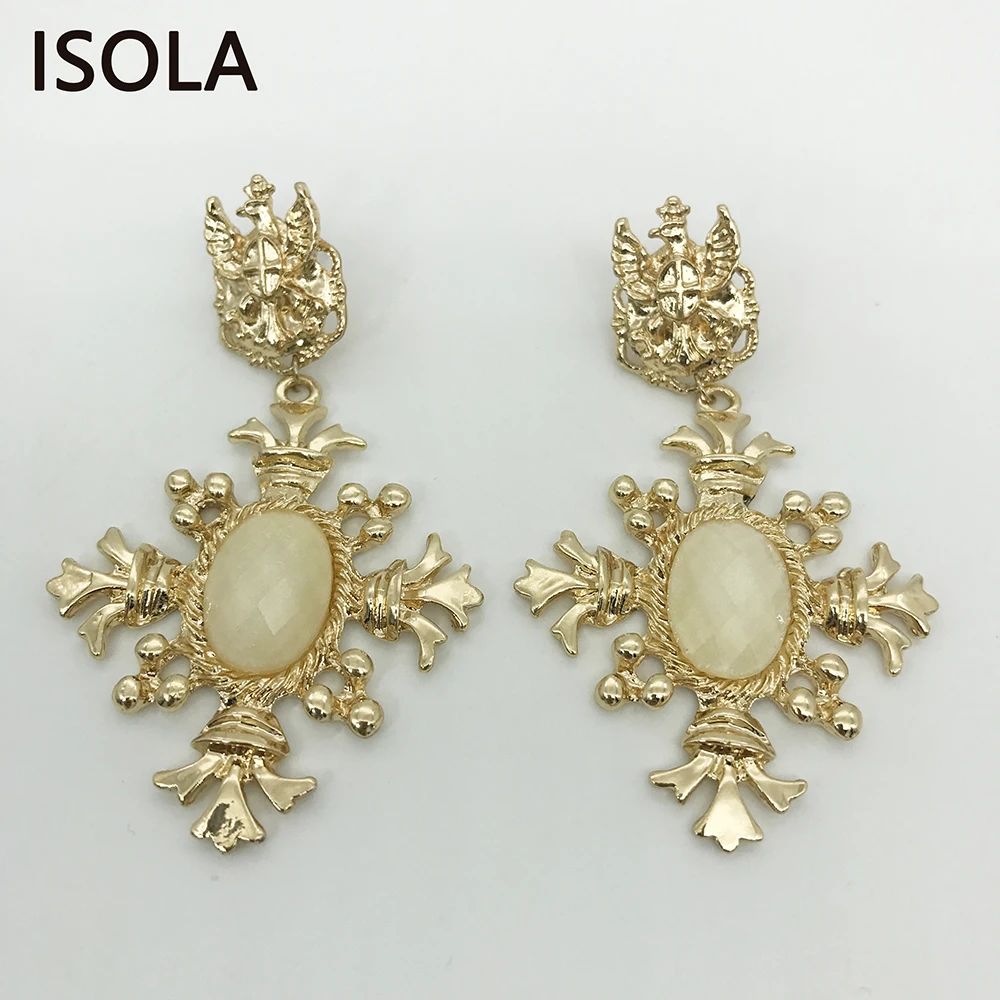 

ISOLA Yellow Resin Settled Classic Baroque Grave Cross Dangle Earrings Hanging On Small Cross Attractive Double Cross Earrings